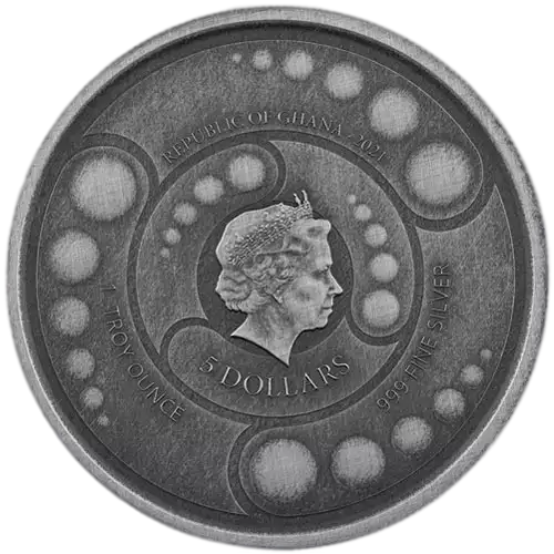 2021 Republic of Ghana 1 oz Antiqued Silver 5 Dollar Space Alien BU Coin (In Capsule) (2)